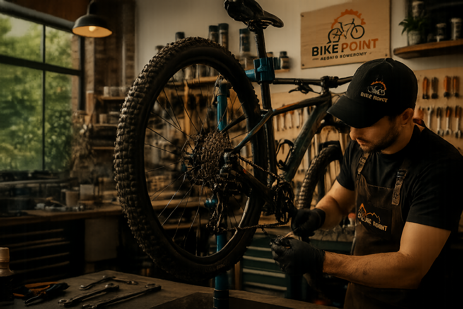 Mechanik rowerowy przy pracy w warsztacie BikePoint Wałbrzych